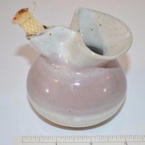 Pottery Oil Lamp Pitcher Studio Art Signed Mauve/Grey 3" tall